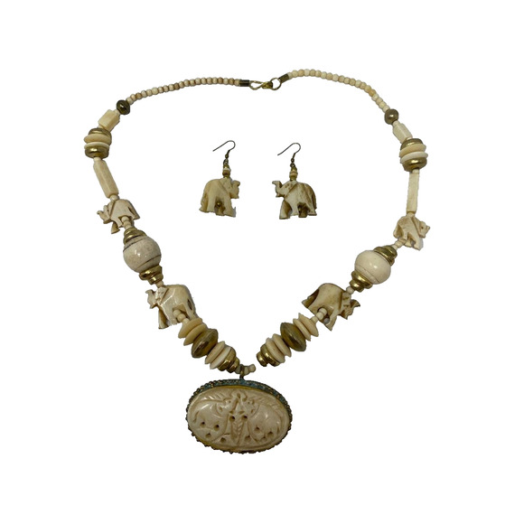 Carved Elephant Pendant Vintage Bovine Bone Bead Necklaces Lot, Used - Picture 2 of 8